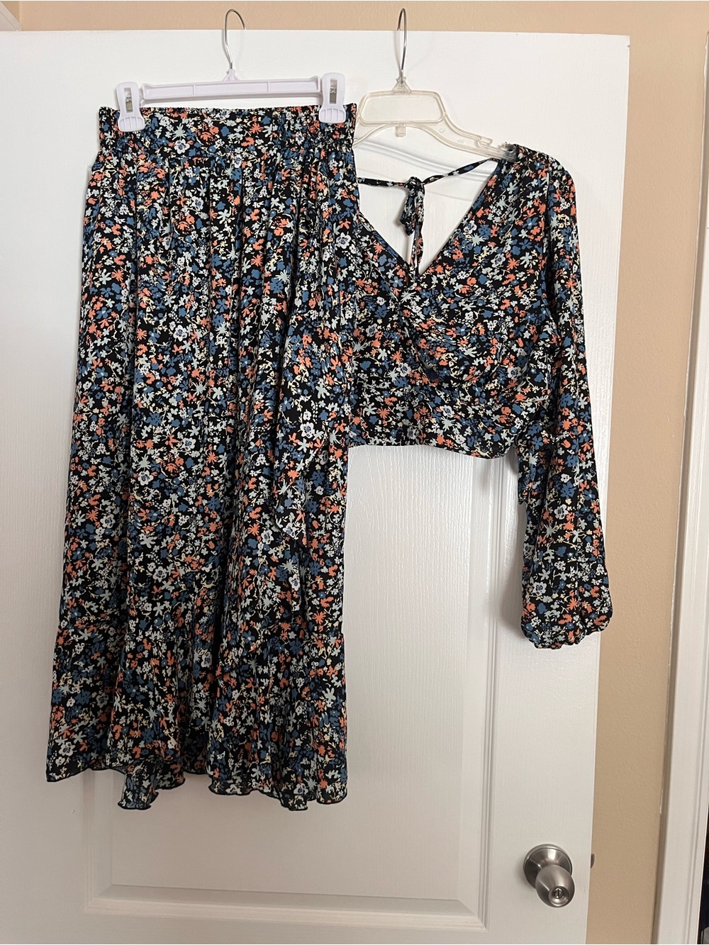 Floral Two-Piece Skirt & Cropped Tie-Back Top - Navy with Blue & Peach Flowers